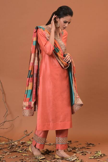 NUHH_Peach Art Silk And Satin Notched Embroidered Kurta Set _Online_at_Aza_Fashions