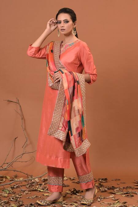 Buy_NUHH_Peach Art Silk And Satin Notched Embroidered Kurta Set _Online_at_Aza_Fashions