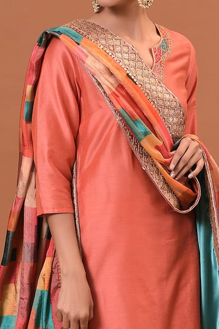 Shop_NUHH_Peach Art Silk And Satin Notched Embroidered Kurta Set _Online_at_Aza_Fashions
