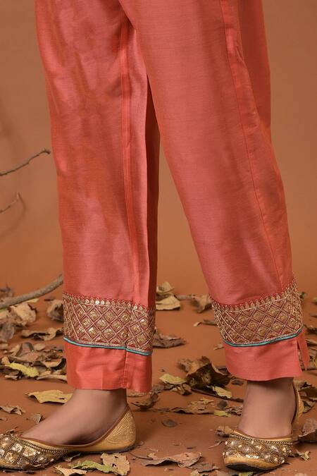 NUHH_Peach Art Silk And Satin Notched Embroidered Kurta Set _at_Aza_Fashions