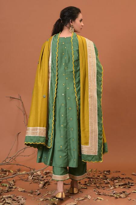 Shop_NUHH_Green Chinon Embroidery Round Embellished Kurta Set  _at_Aza_Fashions
