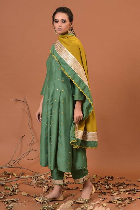 NUHH_Green Chinon Embroidery Round Embellished Kurta Set  _Online_at_Aza_Fashions