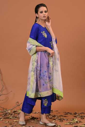 NUHH_Blue Silk And Organza Round Embroidered Kurta Set _Online_at_Aza_Fashions