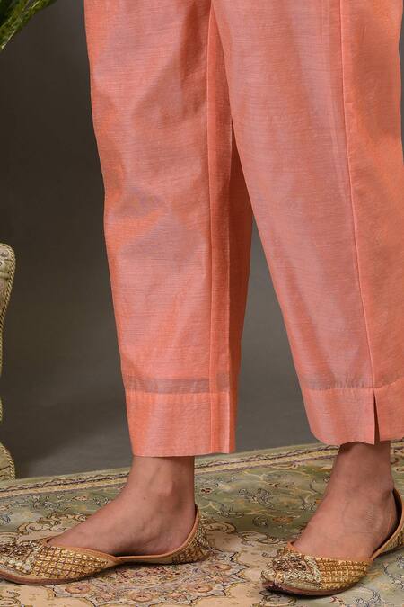 NUHH_Peach Chanderi Notched Kurta Set _at_Aza_Fashions