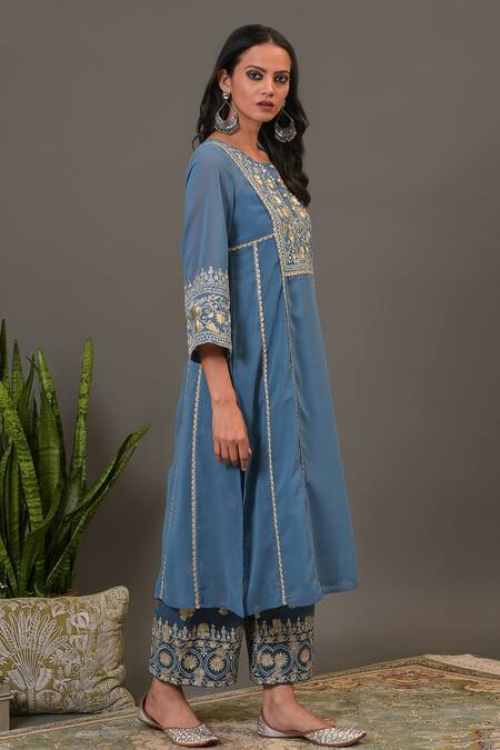 NUHH_Blue Georgette, Chanderi And Cotton Voile Round Embroidered Kurta & Pant Set _Online_at_Aza_Fashions