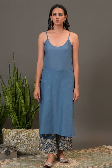 Buy_NUHH_Blue Georgette, Chanderi And Cotton Voile Round Embroidered Kurta & Pant Set _Online_at_Aza_Fashions