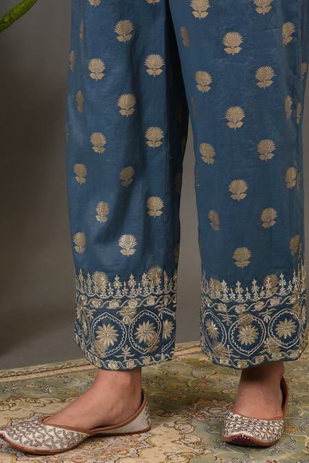 NUHH_Blue Georgette, Chanderi And Cotton Voile Round Embroidered Kurta & Pant Set _at_Aza_Fashions