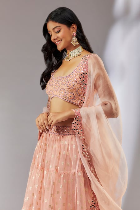 Neha Khullar Peach Organza, Brocade, Embroidered Waistband Banarasi Bridal Lehenga Set Online at Aza Fashions Neha Khullar_Peach Organza, Brocade, Embroidered Waistband Banarasi Bridal Lehenga Set _Online_at_Aza_Fashions
