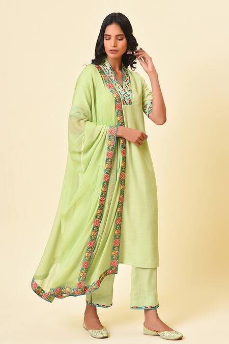 NUHH_Green Cotton And Chiffon Embroidery V Neck Kurta Set  _Online_at_Aza_Fashions