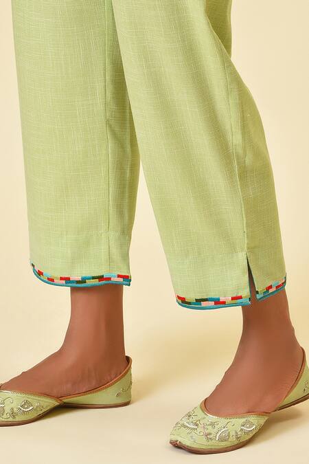 Shop_NUHH_Green Cotton And Chiffon Embroidery V Neck Kurta Set  _Online_at_Aza_Fashions