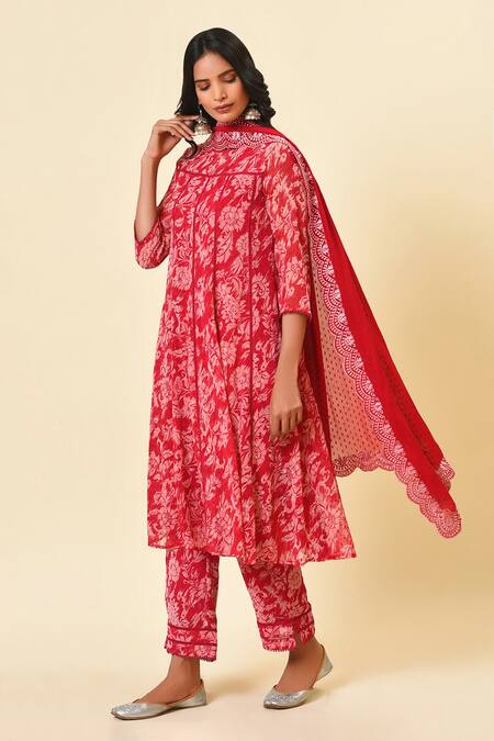 NUHH_Pink Chiffon, Georgette And Cotton Round Printed Anarkali Set _Online_at_Aza_Fashions