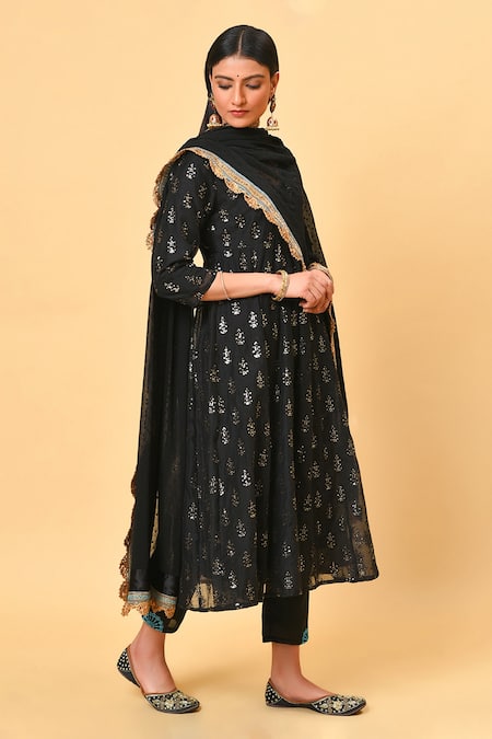 NUHH_Black Chanderi And Chiffon Round Anarkali Set _Online_at_Aza_Fashions