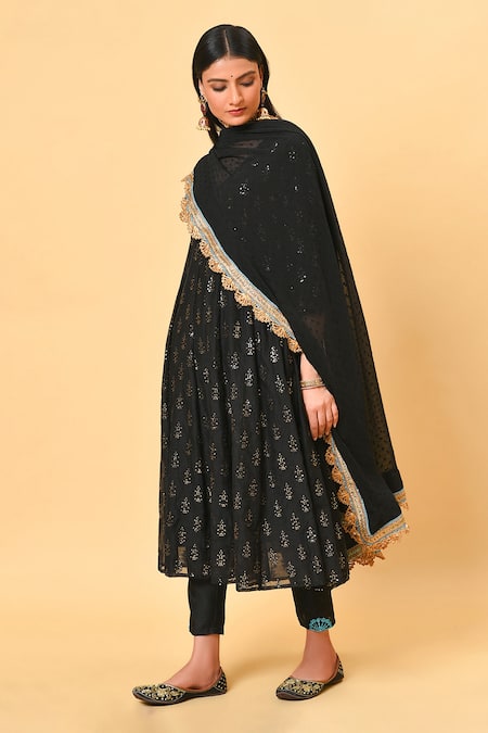 Buy_NUHH_Black Chanderi And Chiffon Round Anarkali Set _Online_at_Aza_Fashions