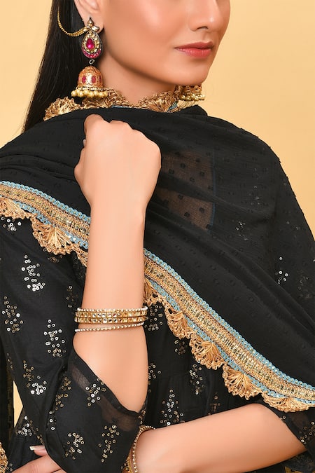 NUHH_Black Chanderi And Chiffon Round Anarkali Set _at_Aza_Fashions