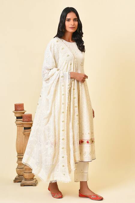 NUHH_White Georgette Lining Cotton Round Embroidered Anarkali Set _Online_at_Aza_Fashions