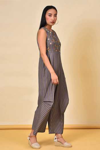 NUHH_Grey Cotton Floral, Striped Round Sleeveless Jumpsuit _Online_at_Aza_Fashions