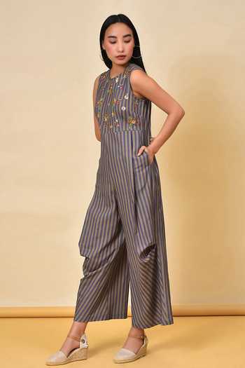 Buy_NUHH_Grey Cotton Floral, Striped Round Sleeveless Jumpsuit _Online_at_Aza_Fashions