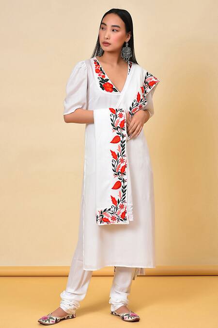 NUHH_White Inner Cotton, Viscose Modal Floral V Neck Puff Sleeve Kurta Set_Online_at_Aza_Fashions
