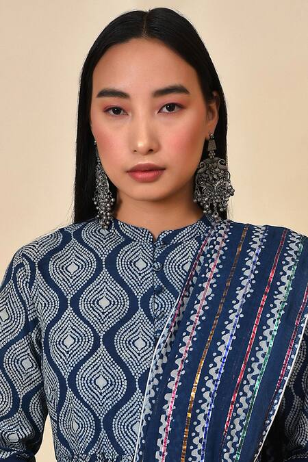 Shop_Nuhh_Blue Cotton Geometric Mandarin Collar Printed Anarkali Set _Online_at_Aza_Fashions