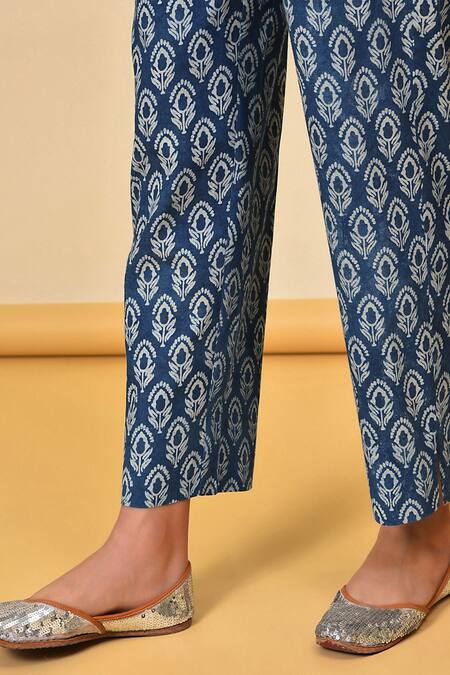 Nuhh_Blue Cotton Geometric Mandarin Collar Printed Anarkali Set _at_Aza_Fashions