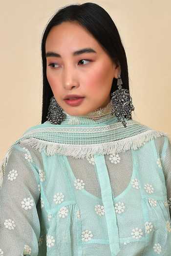 Shop_NUHH_Green Cotton, Chiffon, Kota Check Floral Anarkali And Inner Embroidered Set _Online_at_Aza_Fashions