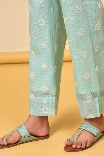 NUHH_Green Cotton, Chiffon, Kota Check Floral Anarkali And Inner Embroidered Set _at_Aza_Fashions