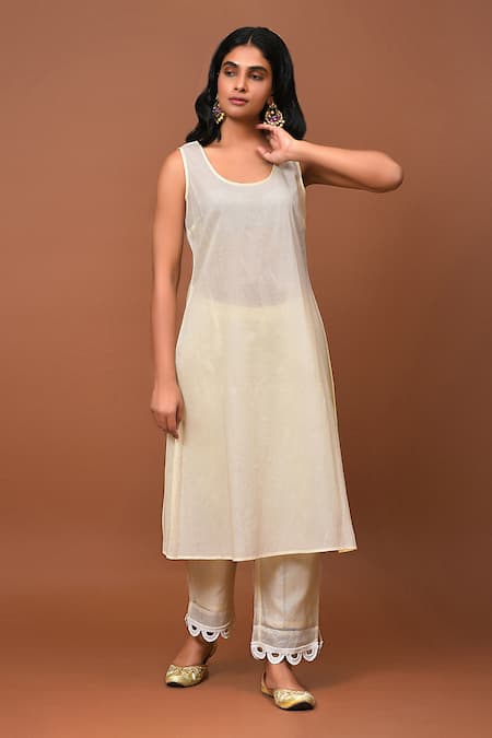 Buy_Nuhh_White Cotton, Chiffon, Kota Check Floral Notched Embroidered Anarkali Set _Online_at_Aza_Fashions