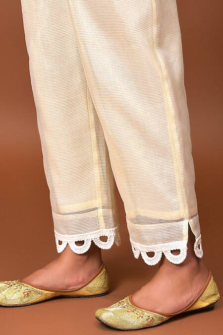 Nuhh_White Cotton, Chiffon, Kota Check Floral Notched Embroidered Anarkali Set _at_Aza_Fashions