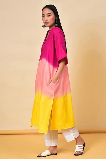 Buy_NUHH_Multi Color Cotton V Neck Colorblock Kaftan Kurta _Online_at_Aza_Fashions