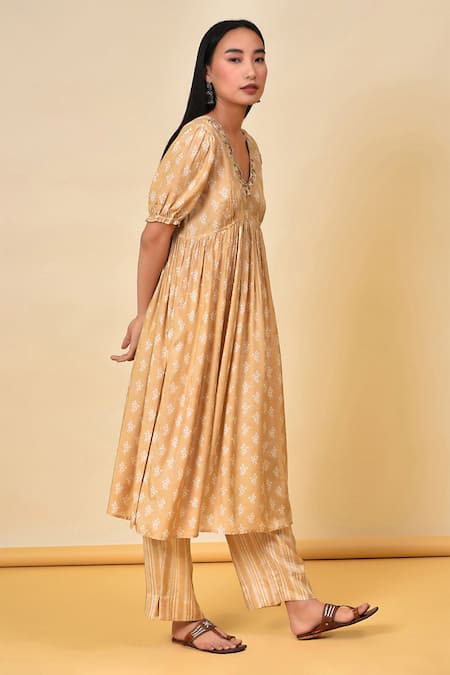 NUHH_Beige Muslin Striped V Neck Floral Print Anarkali And Pant Set _Online_at_Aza_Fashions