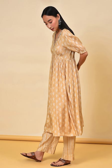 Buy_NUHH_Beige Muslin Striped V Neck Floral Print Anarkali And Pant Set _Online_at_Aza_Fashions