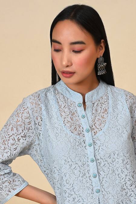 Buy Blue Cotton Nylon Lace Embroidered Floral Mandarin Kurta And 