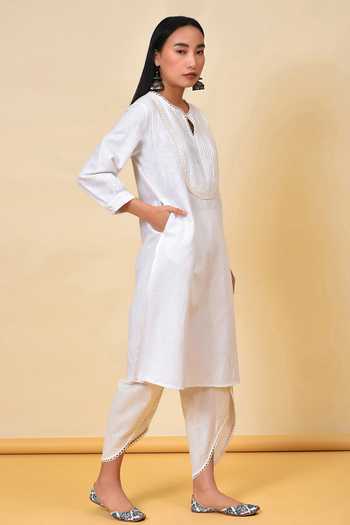 NUHH_White Linen Floral Notched Kurta And Dhoti Pant Set _Online_at_Aza_Fashions