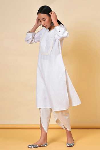 Buy_NUHH_White Linen Floral Notched Kurta And Dhoti Pant Set _Online_at_Aza_Fashions