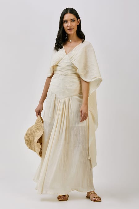 Nidzign Couture Off White Cotton Crinkle Plain V Neck Dress