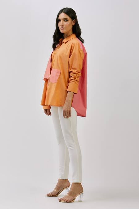 Nidzign Couture_Orange Poplin Plain Shirt Collar Colorblock _Online_at_Aza_Fashions