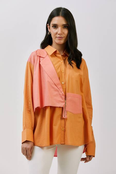 Buy_Nidzign Couture_Orange Poplin Plain Shirt Collar Colorblock _Online_at_Aza_Fashions