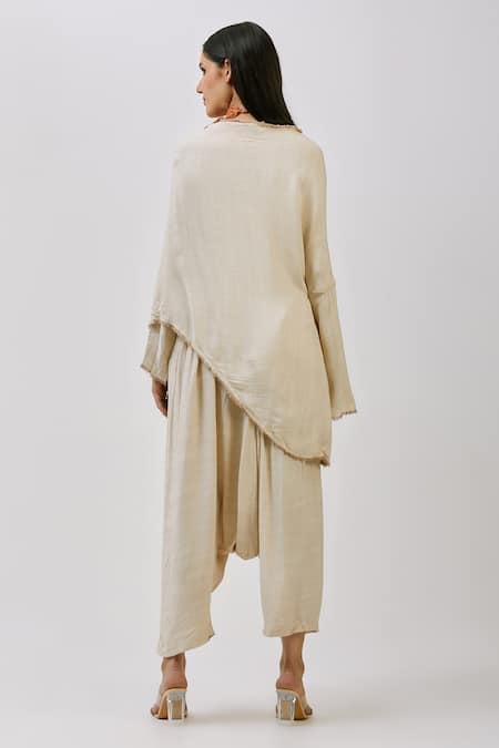 Shop_Nidzign Couture_White 100% Crinkle Cotton Plain V Neck Asymmetric Top And Pant Set _at_Aza_Fashions