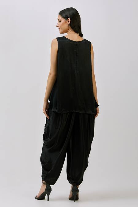 Shop_Nidzign Couture_Black Crepe Plain Round Asymmetric Top And Pant Set _at_Aza_Fashions