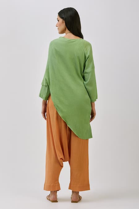 Shop_Nidzign Couture_Green 100% Cotton Crinkle Plain Asymmetric Top And Pant Set _at_Aza_Fashions