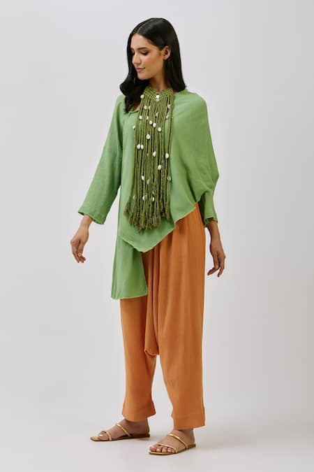 Buy_Nidzign Couture_Green 100% Cotton Crinkle Plain Asymmetric Top And Pant Set _Online_at_Aza_Fashions