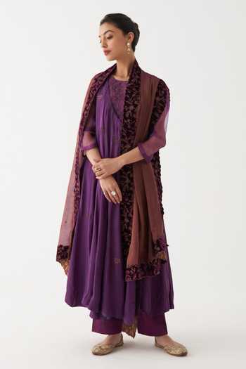 Rhua_Purple Dupatta Tissue Chanderi, Kurta Silk Nida Embroidered Anarkali Set  _Online_at_Aza_Fashions