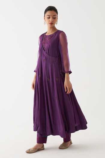 Buy_Rhua_Purple Dupatta Tissue Chanderi, Kurta Silk Nida Embroidered Anarkali Set  _Online_at_Aza_Fashions
