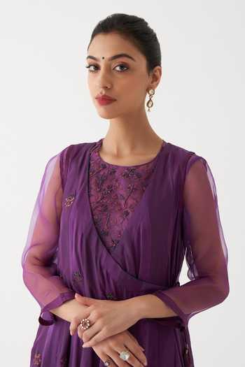 Shop_Rhua_Purple Dupatta Tissue Chanderi, Kurta Silk Nida Embroidered Anarkali Set  _Online_at_Aza_Fashions