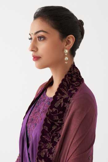 Rhua_Purple Dupatta Tissue Chanderi, Kurta Silk Nida Embroidered Anarkali Set  _at_Aza_Fashions
