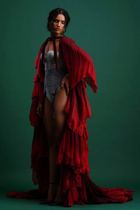 Shop_Nidhi Yasha_Maroon Viscose Ruffle Cape _Online_at_Aza_Fashions