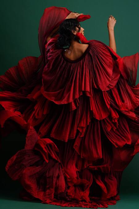 Nidhi Yasha_Maroon Viscose Ruffle Cape _at_Aza_Fashions