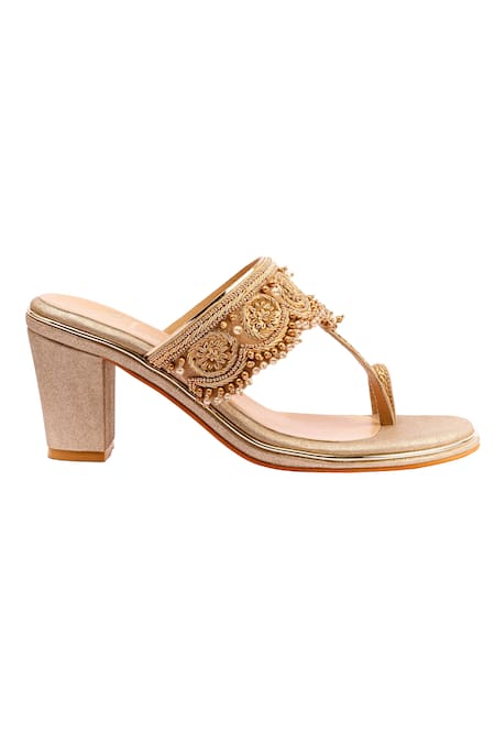 Buy_Nidhi Bhandari_Gold Zari, Sequins, Beads Embroidered Kolhapuri Block Heels _Online_at_Aza_Fashions