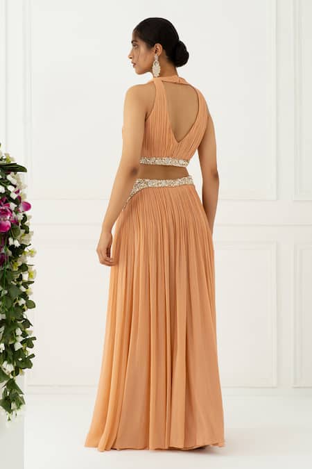 Shop_NIDHIKA SHEKHAR_Pink Georgette Embroidery V Neck Halter Gown _at_Aza_Fashions