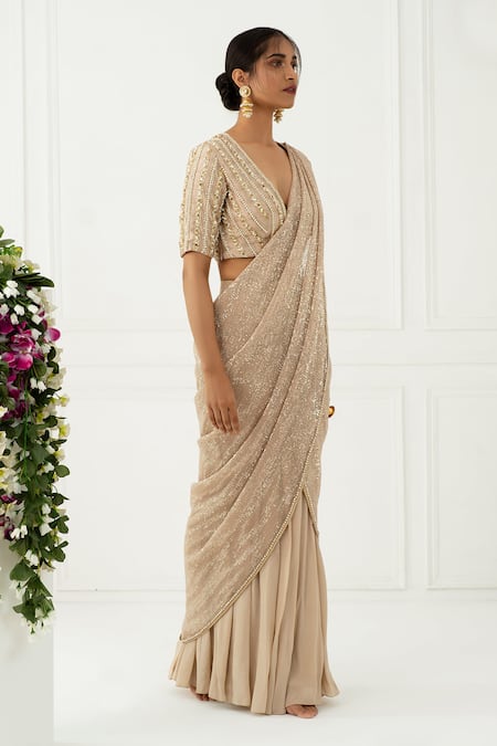 NIDHIKA SHEKHAR Beige Crepe, Sequin V Neck Pre-draped Saree With Blouse Online at Aza Fashions NIDHIKA SHEKHAR_Beige Crepe, Sequin V Neck Pre-draped Saree With Blouse _Online_at_Aza_Fashions